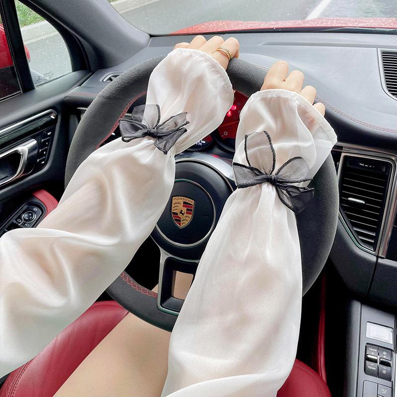 Women’s Bowknot Flared UV Protection Arm Sleeves, Ice Silk Cooling Sun Sleeves, Loose Fit Fashion Arm Covers for Summer Outdoor Driving