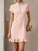 Women's Zip Stand Collar Short Sleeve Mini A-Line Dress Slim Fit Mid Rise Solid Ruffle Hem Straight Dress Streetwear Elegant Summer Casual Outfit