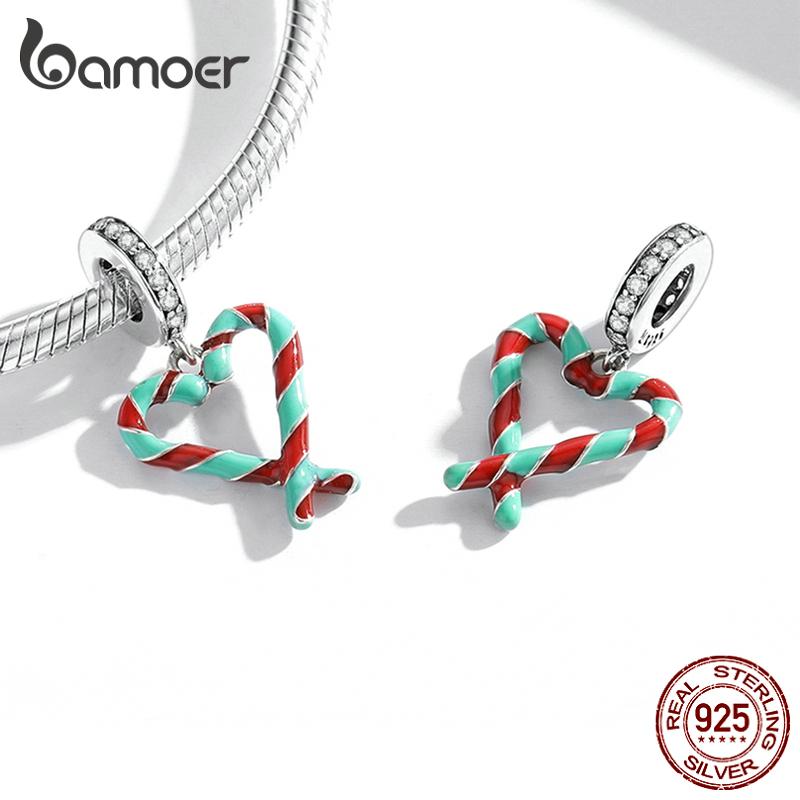 Bamoer 925 Sterling Silver Candy Canes Love Pendant Fit for Women Bracelet & Bangle Christmas Gift