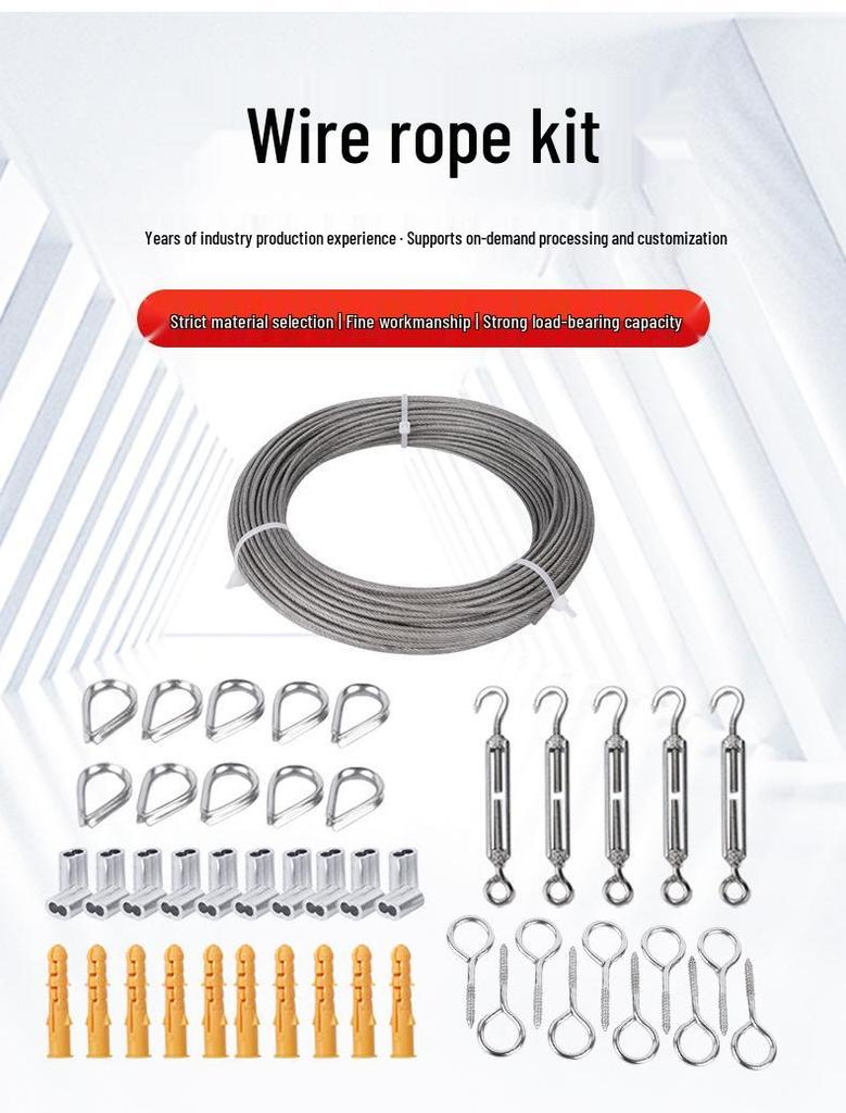 Stainless Steel Outdoor Wire Rope Kit with Carabiner Hook & Tensioner for String Lights and Clothesline.