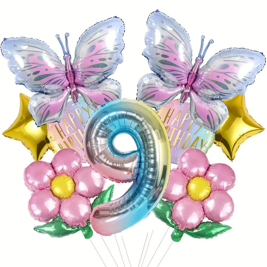 Butterfly & Daisy Star Gradient Foil Balloon Set for Birthday Party Decoration.