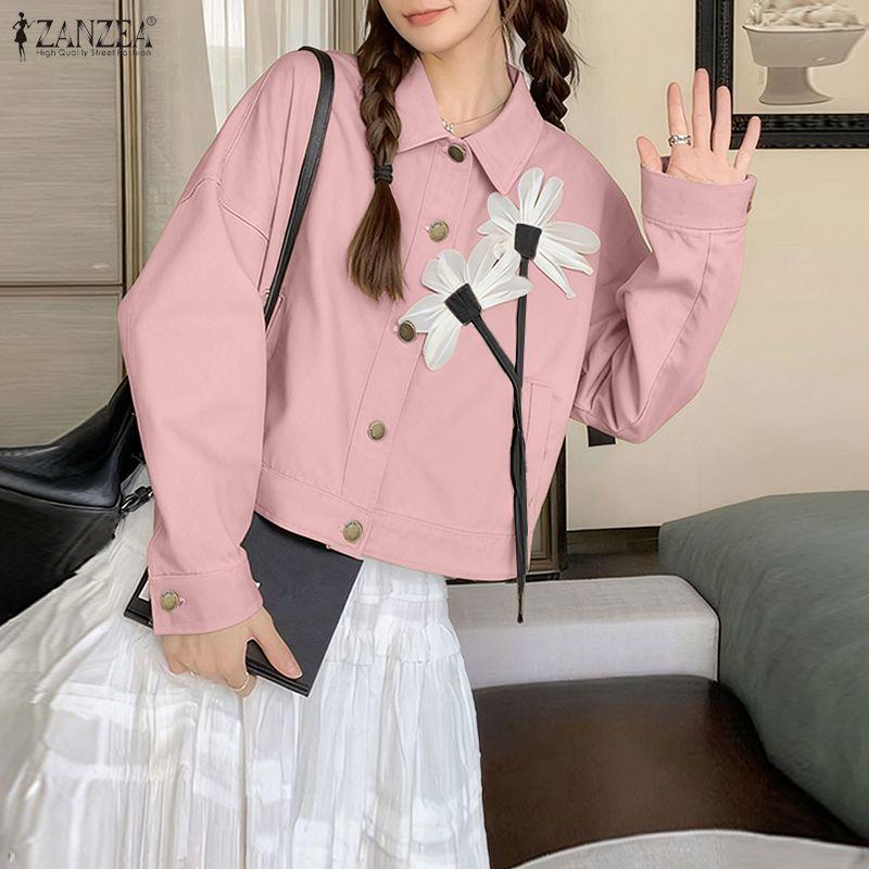 ZANZEA Blusa feminina casual gola virada para baixo solta manga comprida