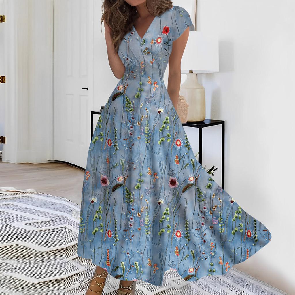 Rochie Lungă de Damă Rochie Maxi Rochie Casual Rochii din Voal Rochie Evazată Culoare Casual Matură În Aer Liber Dată Zilnică Rochie cu Volane și Mânecă Scurtă cu Decolteu în V