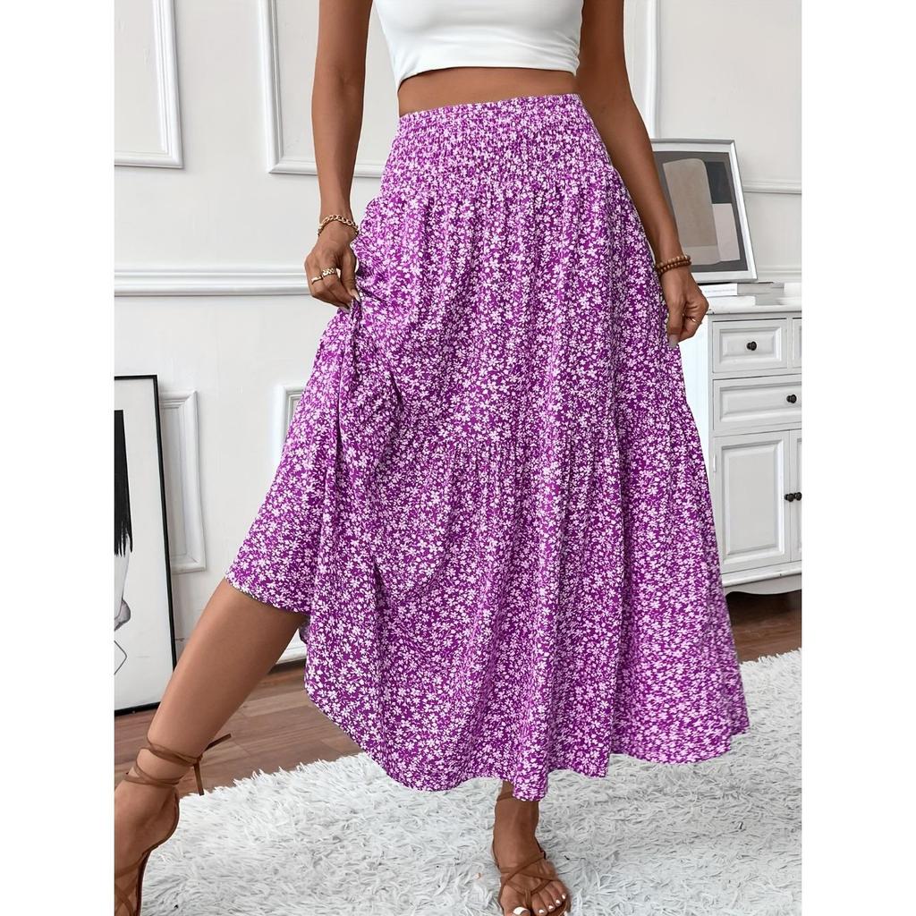 Women's Casual Ditsy Floral Elastic Waist Pocket Skirt, Suitable for Casual Commuting Wear