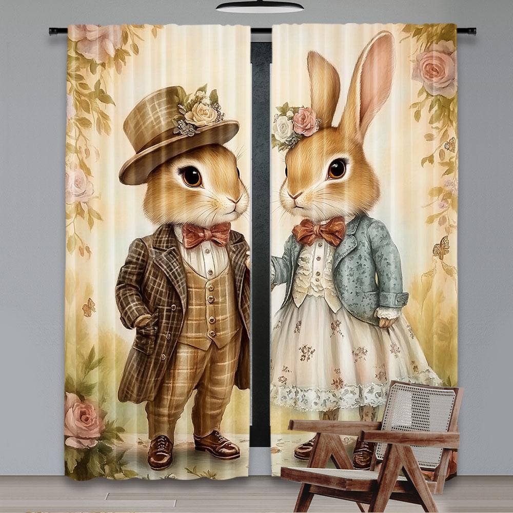 2Pcs Easter Rural Rabbit Couple Printed Curtains Living Room Game Room Bedroom Multi Scene Decorative Curtains Home Decoration