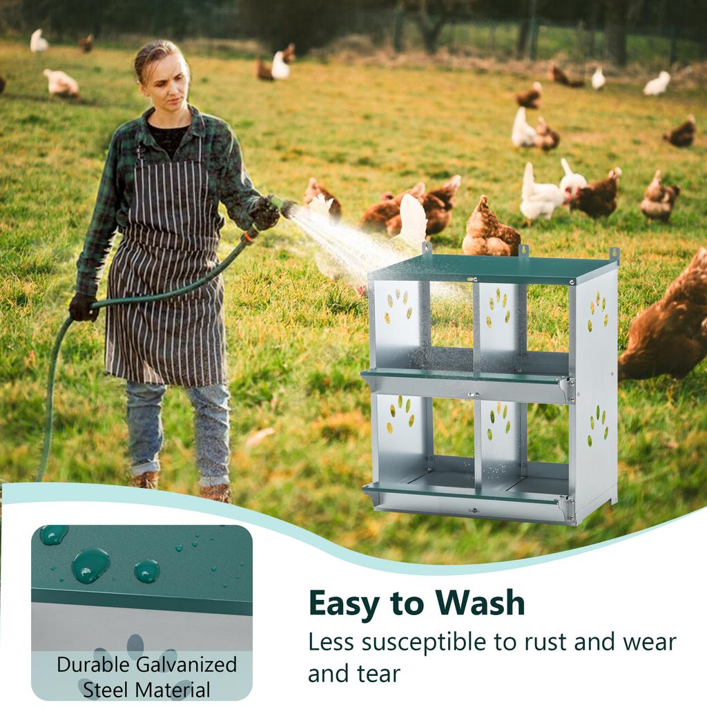 4 Compartment Wall Mount Galvanized Metal Chicken Nesting Boxes, Heavy Duty Egg Laying Nest Box for All Breeds of Hens