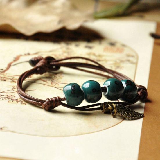Ethnic Leaf Cat Charm Ceramics Beaded Bracelet Women Handwoven Jewelry Gift