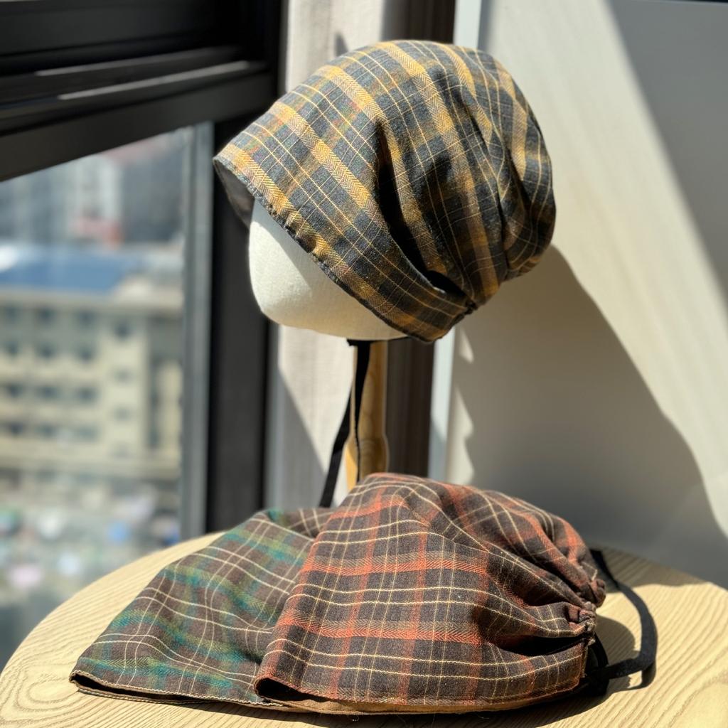 New Niche Plaid Lace Up Pullover Hat for Women Personality Irregular Baotou Hat Lazy Style  Face Showing Small Pile Hat