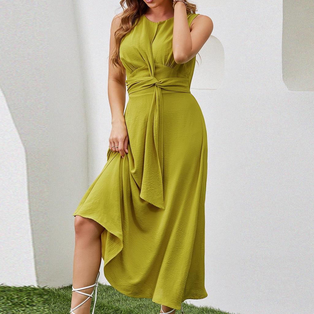 Women's Fashion Casual -Color Waist-Tied Long Sleeveless Dress