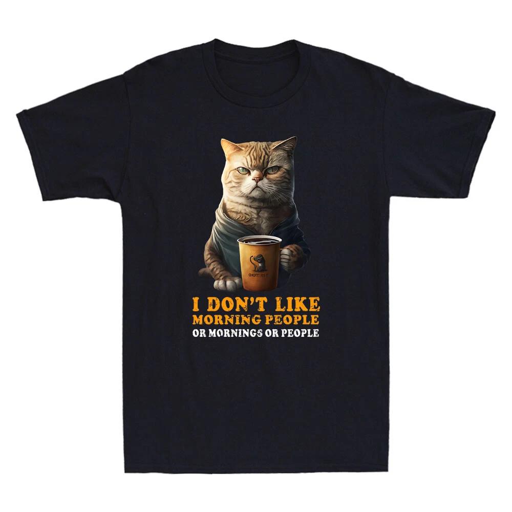 I Dont Like Morning People Funny Angry Cat Drink Coffee Meme Retro Men s T-Shirt M