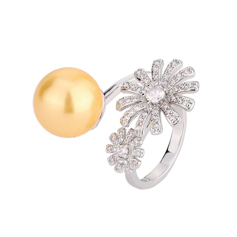 Jewelry Copper Platinum Plated With Simulation Pearl Diamond Flower Women'S Ring 14Mm