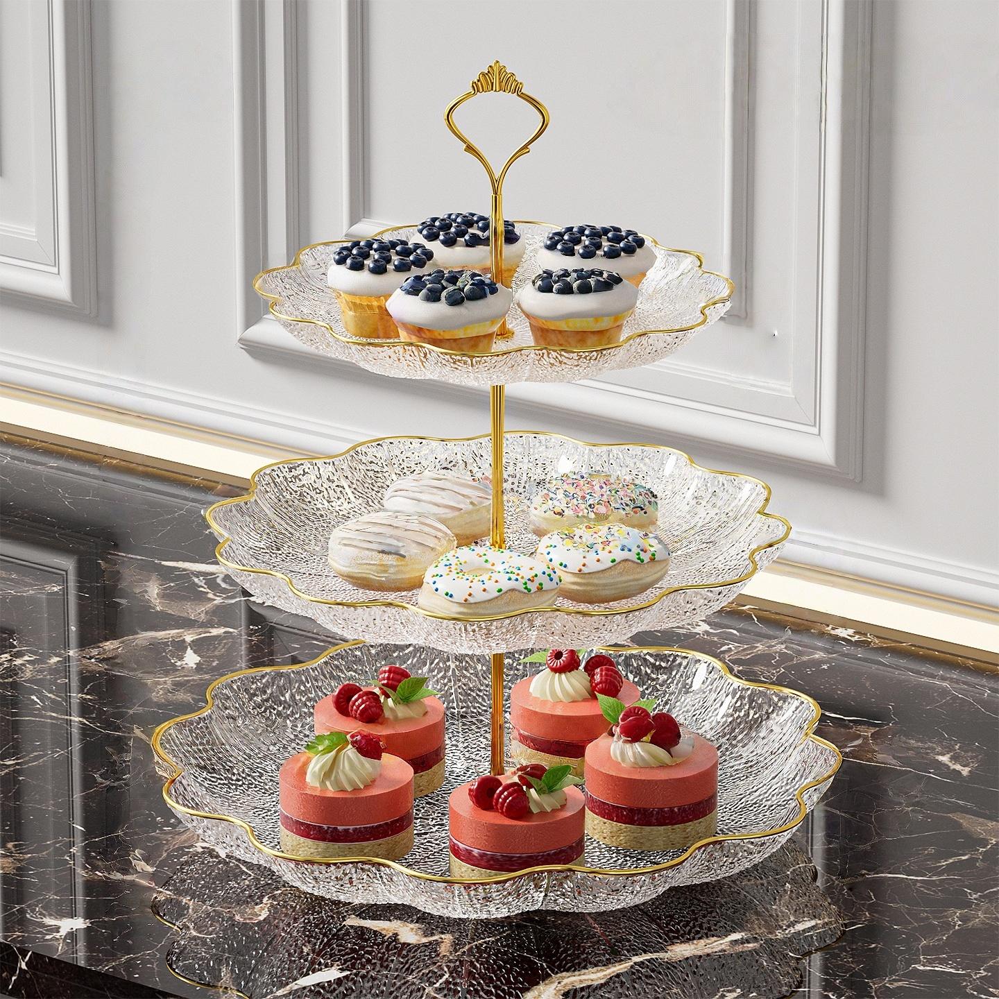 

Lotus leaf 3-tier PET plastic dessert stand, elegant fruit cake display rack for party gatherings LM-Transparent