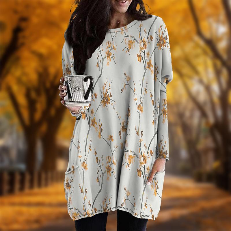 New In Autumn Elegant Plum Blossom Print Plus Size Dress Women O'neck Long Sleeves Casual Pocket Dresses