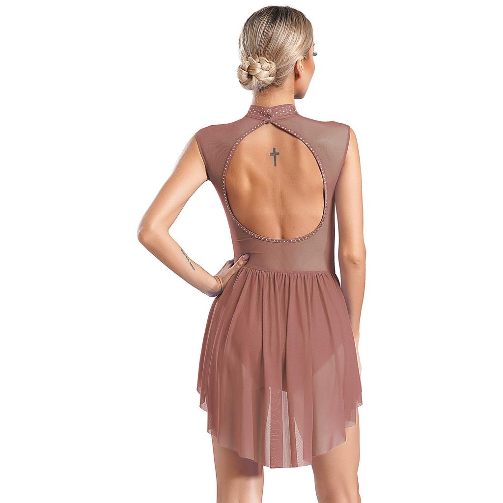 Damen Tanz Performance Body Ärmellos Rückenfreier Stil Transparenter Mesh Patchwork Glitzernde Strasssteine Kostüm