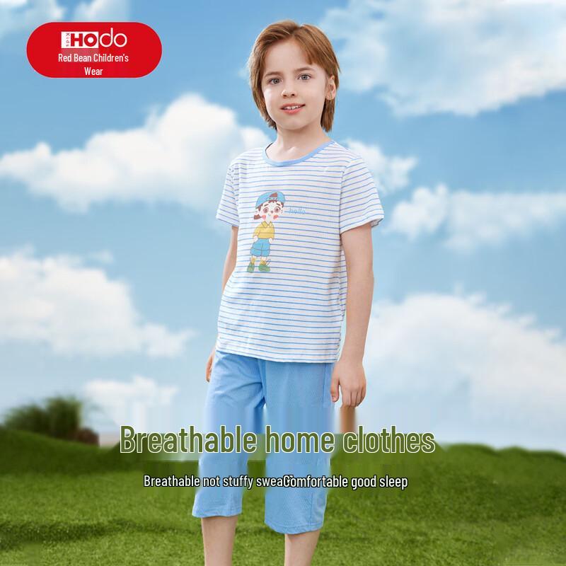 Hodo Boys' Summer Cotton Short-Sleeve Pajama Set with 3A Antibacterial Mesh