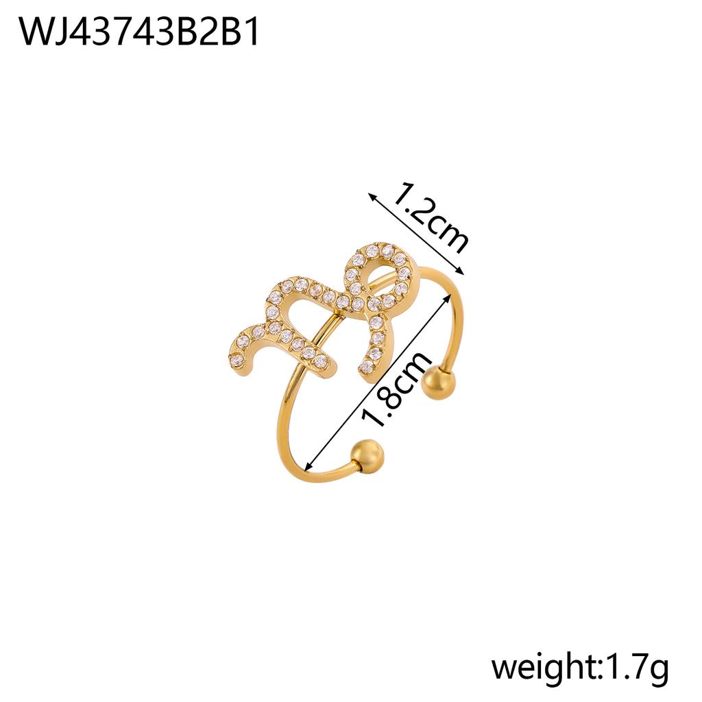 CARLIDANA Vintage Letter Heart Adjustable Gold Plated Stainless Steel 12 Zodiac Sign Zircon Letter Open Ring Jewelry Women