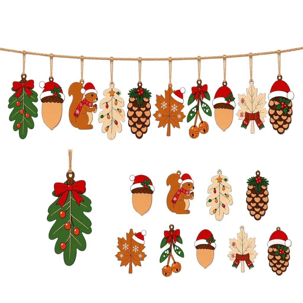Flat Wooden Christmas Hanging Ornaments with, Set of 8 for Holiday Tree Decor