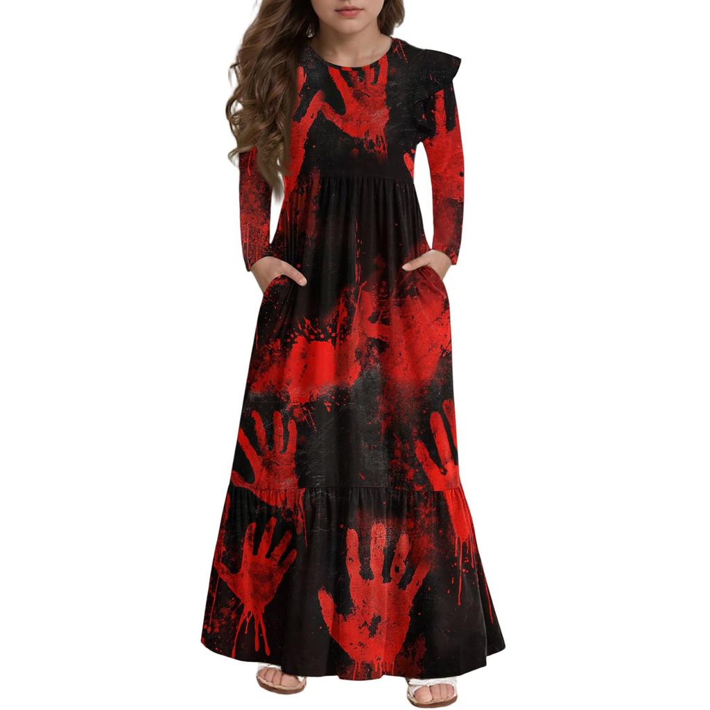 Mädchen Stufenkleid mit Rüschen Halloween Tag - Langärmeliges Maxikleid mit Druck und Taschen