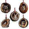 5Pcs Christmas Animal Ornaments 2D Acrylic Cute Wildlife Pendant Raccoon Owl Squirrel Hedgehog Bird Tree Hole Wood Texture Hanging Decorations