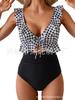 New one-piece swimsuit women's belly V-neck pleated swimsuit, thin hollow flying edge swimsuit