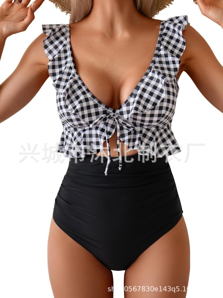 New one-piece swimsuit women's belly V-neck pleated swimsuit, thin hollow flying edge swimsuit