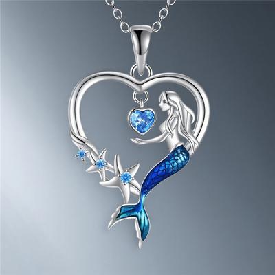 Luxus Damen Kristall Blau Zirkon Stein Herz Meerjungfrau Anhänger Halskette Vintage Silber Farbe Hochzeit Für Frauen