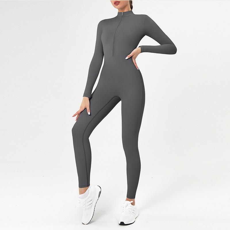 Nude Langarm Yoga-Jumpsuit mit Reißverschluss - High-Intensity Fitnessbekleidung