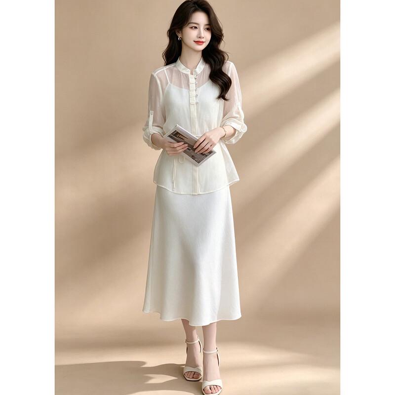New Chinese Style Pan-Buckle Stand-Collar Shirt & Skirt Two-Piece Set