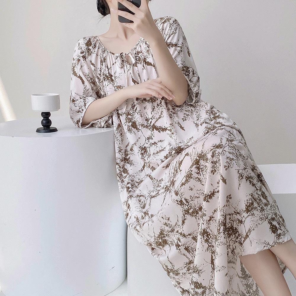 1011 new cotton silk nightdress women's spring thin high-end sweet wind printing knee-length skirt can be worn outside