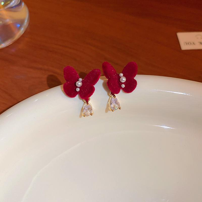 Brincos Festivos de Borla Agulha de Prata Vermelha - Retro Nicho High-End de Pino para Ano Novo