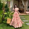 Summer new French retro ruffle edge bow long dress waist floral vacation thin temperament dress women