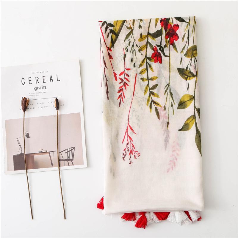 Szalik z frędzlami z bawełny i lnu w stylu vintage w kwiaty - styl etniczny, duży rozmiar, japoński szal plażowy dla kobiet