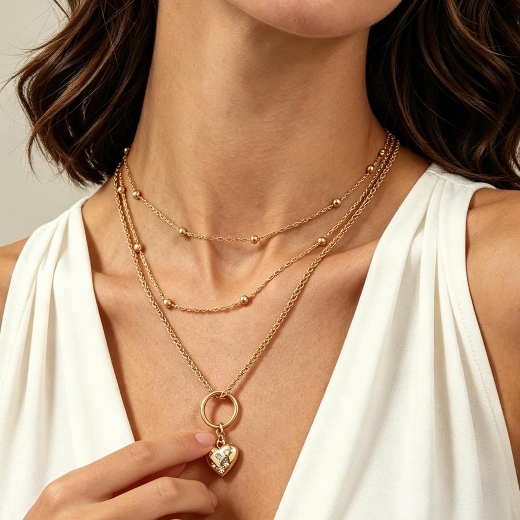 Retro Multi-layer Beaded Necklace with Heart-shaped Rhinestone
