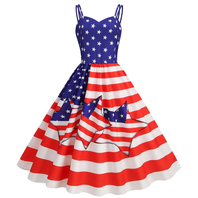 2023 Summer Independence Day Sexy Spaghetti Strap Swing Dress M