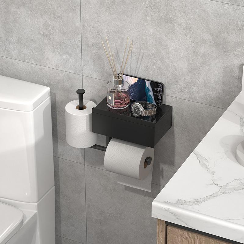 Black wall mounted toilet paper holder with shelf no drilling required drawer style tissue box essential bathroom organizer