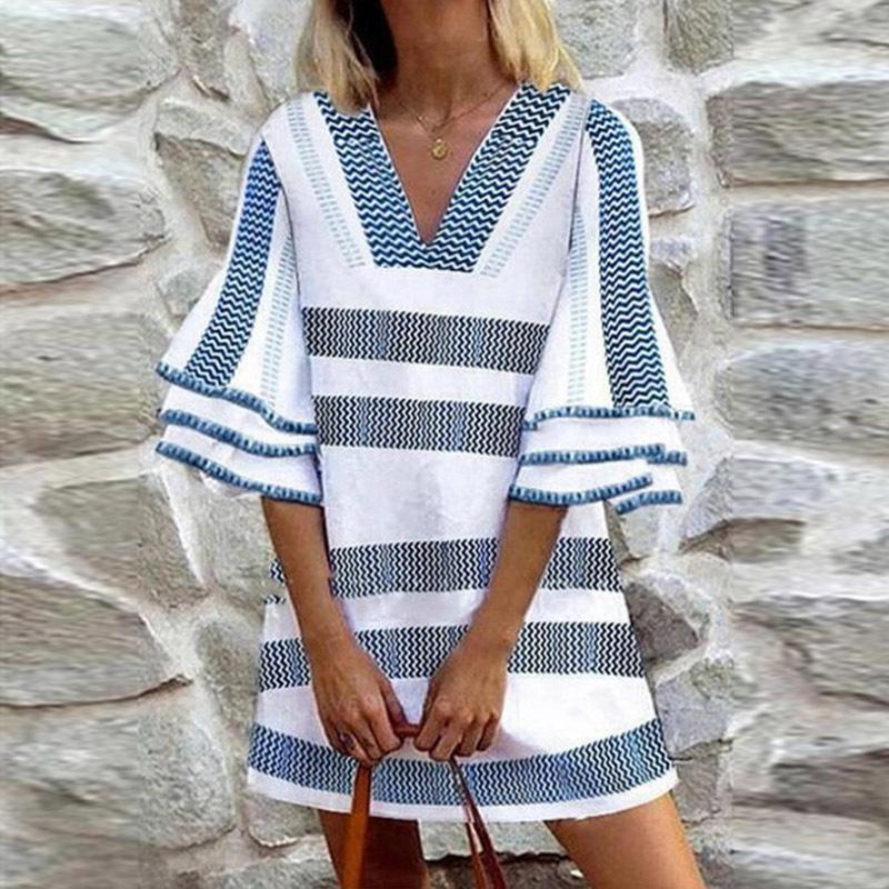 TIFICY Abiti casual da donna, moda estate primavera stampa a righe 1/2 maniche scollo a V vita ampia