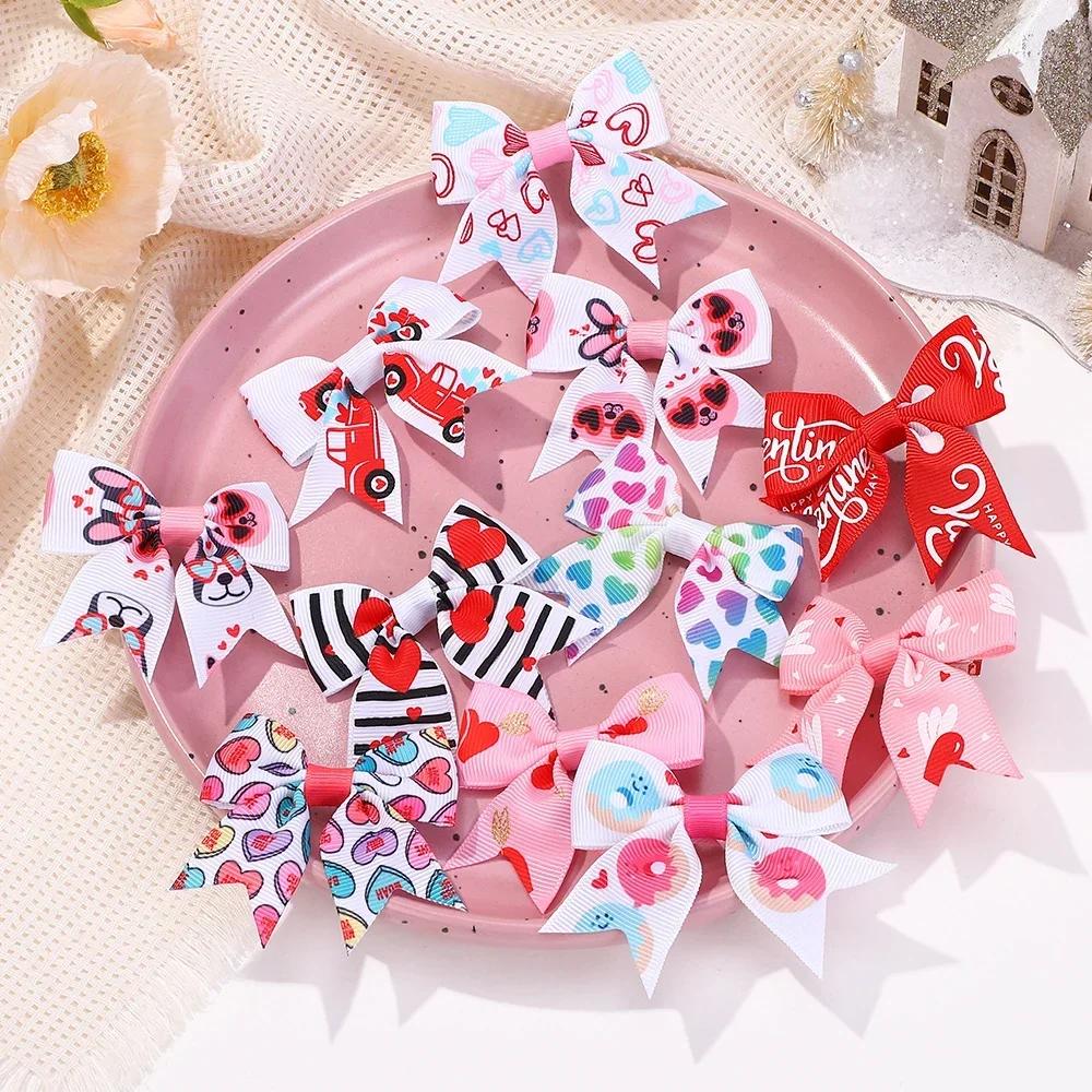 2Pcs/set 2.36''  Valentine's Day Printed Bow Hairclips for Girls Children Ribbon Hair Bows Clip Cheer Up Hair Accessories Gifts