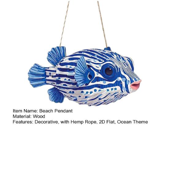 Ocean Theme Striped Puffer Fish Wall Decor Nautical Wooden Hanging Sign with Hemp Rope Decorative Beach Pendant for Beach House