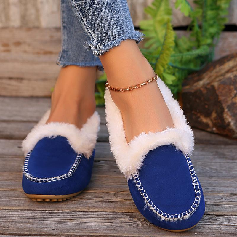 Lucyever 2024 Winter Slip On Thick Plush Flats Shoes for Women Comfort Warm Casual Shoes Woman Solid Color Soft Sole Loafers