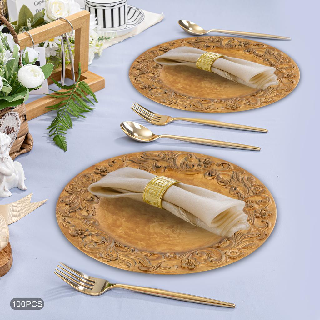 100 Pcs Gold Plastic Antique Charger Plates, 13inch Embossed Rim Reusable for Christmas Halloween Wedding Party Table Decoration