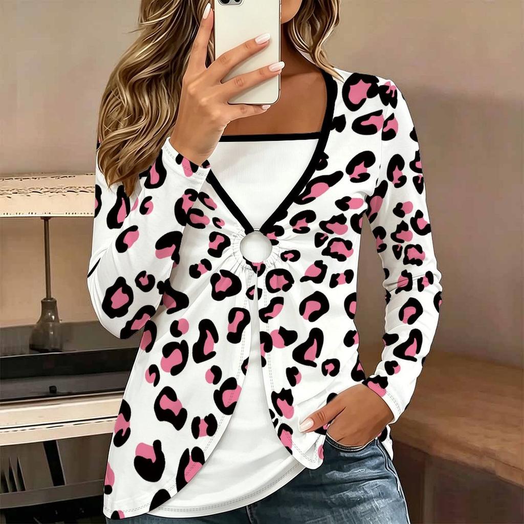 Tops for Women  Floral Print Long Sleeve Fake Two‑Piece Top Fall Casual Slim Pullover Women's Long Sleeve Top