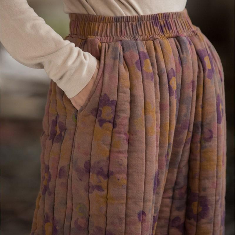 Johnature Women Vintage Print Floral Straight Pants Elastic Waist Trousers Winter Warm Plus Cotton Long Pants