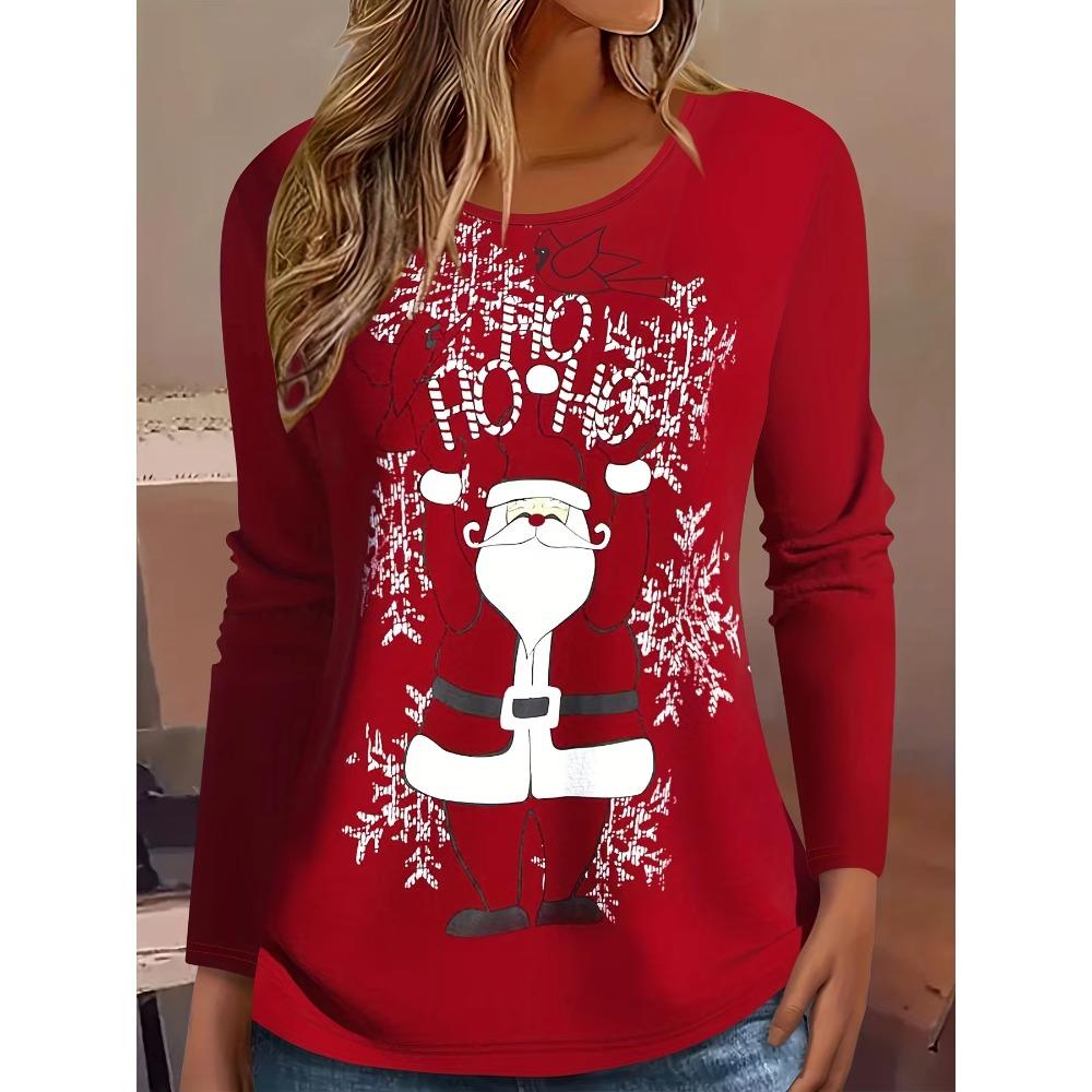 T-shirt Femme Manches Longues Col Rond Impression 3D Thème Noël Mode Confortable Respirant Doux Décontracté Ample Polyvalent