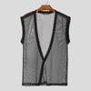 INCERUN Men Deep V Neck Sleeveless Crochet Hem Stitching Mesh Tank Tops