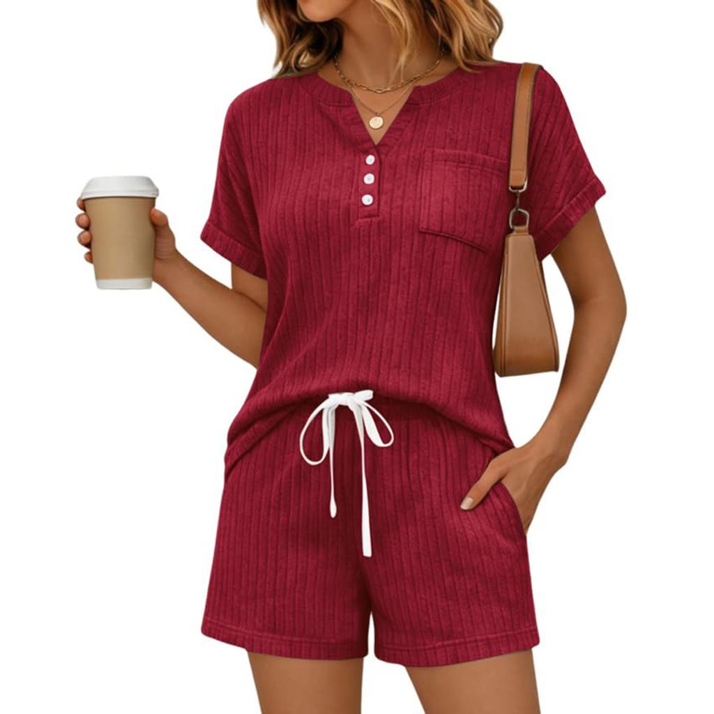 Women's Summer Fashion Casual -Color V-Neck Button-Down Short-Sleeve Top And Drawstring Pocket Shorts Two-Piece Set