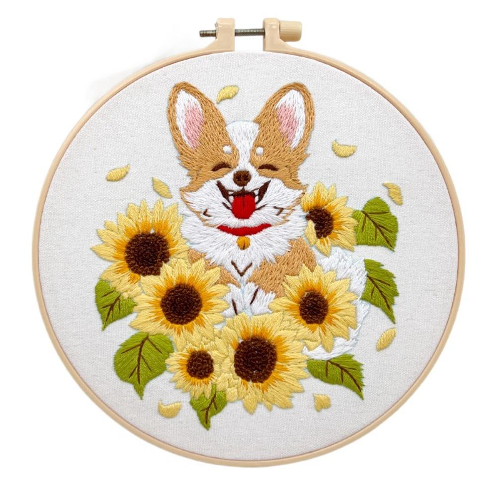Floral Patterns Dog Embroidery Kit Corgi Embroidery Set Home Decor Cross Stitch Set Beginner