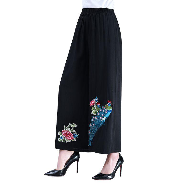 Women's Summer Cotton and Hemp Wide Leg Pants, Women's Large Embroidered Nine Cent Pants