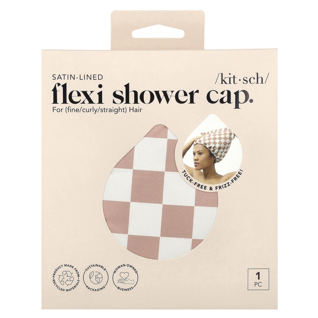 Kitsch Satin-lined Plexi Shower Cap, Terracotta Checker, 1 Piece