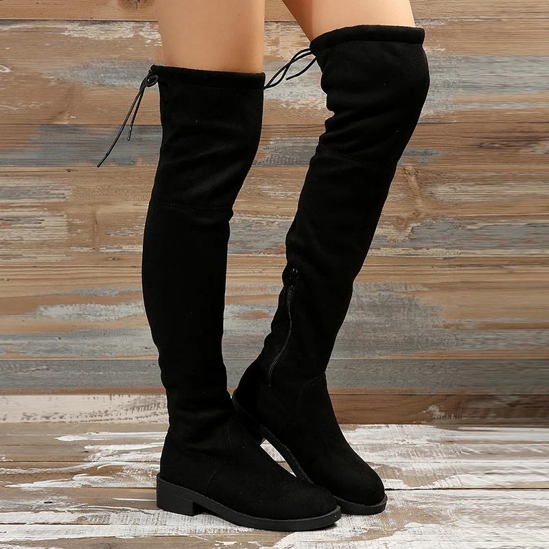 Mode Mode Slim Bottes Au-Dessus du Genou Femmes Automne Hiver Bottes Longues en Peluche Courte Femme Noir Flock Talon Bas Cuisardes Grande Taille
