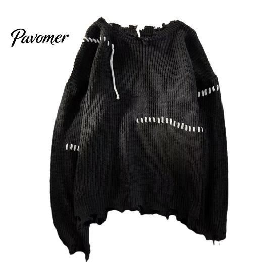 Hip HopSweater Men Fall Winter Sweater Ripped Tassel Solid Color Fringe Round Neck Long Sleeve Knitted Mid Length Loose Soft Warm Pullover Women